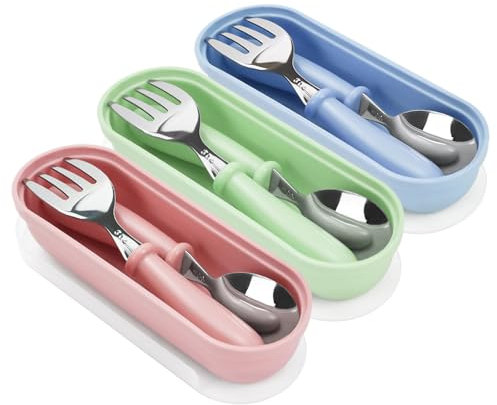 DIYJEP 9 Pieces Toddler Cutlery Set, Baby Cutlery with Storage Box, Stainless Steel Baby Fork and Spoon, Kids Travel Essentials Children Self Feeding Utensils for Home Travel School (Pink+Green+Blue)