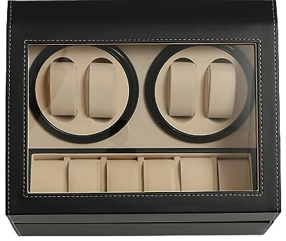TONFEION Automatische Uhrenbeweger Box, Uhrenständer Uhrendreher Watch Winder Uhrenkasten Luxuriöser Uhrenbeweger für 4 Automatikuhren + 6 Gitter Uhrenspeichergehäuse (Schwarz)