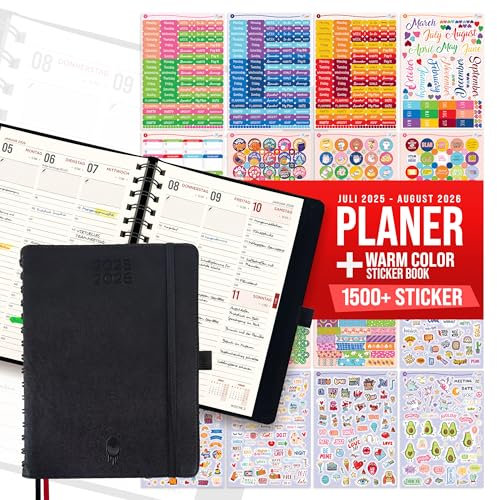 colortouch Terminplaner, Kalender A5, Wochenplaner mit Softcover Ringbuch, 30 Minuten-Intervalle Planer mit 2 Blatt Aukfleber auf Deutsch 14 Monate (Planer 2025 2026 - Warm Aufkleber)