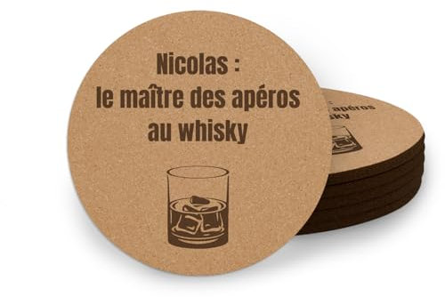 Lot de 6 Dessous de Verre en liège personnalisés avec prénom et Motif Whisky - idée Cadeau Originale et Design