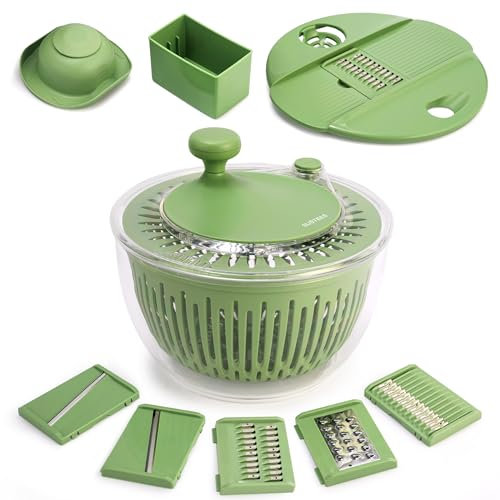 SUSTEAS Salad Spinner Large, Vegetables Wash Bowl, Fruits & Herb Lettuce Dryer with 5 Blade Slicer Egg Yolk Strainer Shredder for Efficient Salad Preparation and Food Washing, BPA Free, 4.25Qt