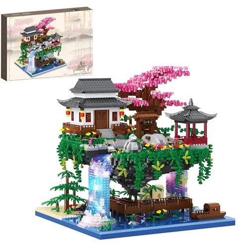 Pfirsich Blossom Teich Micro Bausteine Bausatz, 3320Stück Architektur Kirsche Bonsai Geschenke Spielzeug, Japanische Blumen Baumhaus Mini Klemmbausteine Kit, Ideen für Erwachsene und Kinder Decor