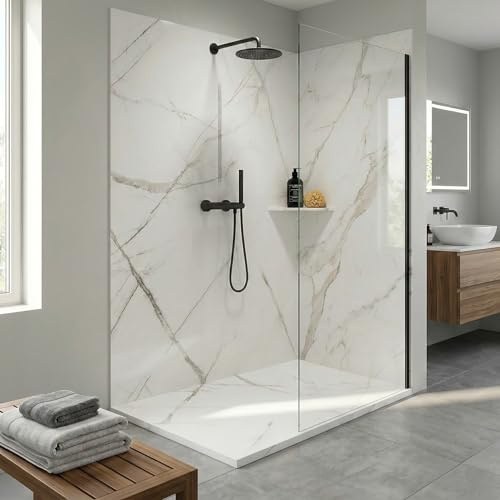Imberdeck Panneau Mural de Douche Extra-Fin 6mm - Revêtement Flexible et Découpable - 100% Imperméable - Résine Sans Silice - Pose Sans Profilé - Multi-Texturés (Effet Marbre Blanc, 80x250)