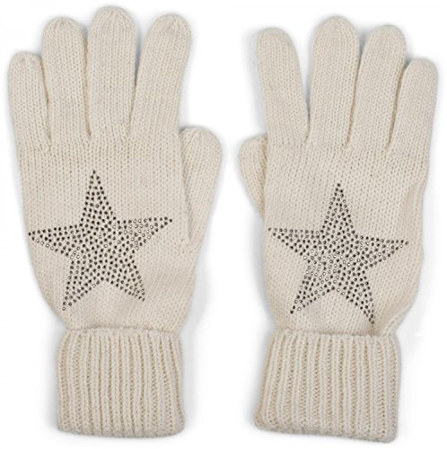 styleBREAKER Damen Handschuhe mit Strass Nieten Stern Applikation und doppeltem Bund, warme Strickhandschuhe 09010008, Farbe:Creme-Weiß