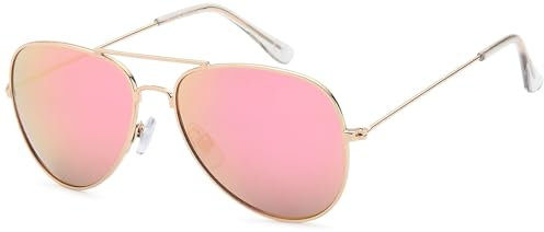 styleBREAKER Kinder Sonnenbrille Pilotenform mit verspiegelten oder getönten Gläsern | Edelstahl Rahmen UV400 Schutz | für Jungen und Mädchen 4 bis 10 Jahre, Gestell Gold/Glas Pink verspiegelt