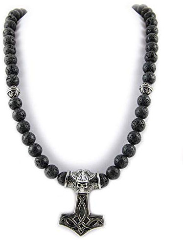 Handmade Kette ketten für Herren Männer mann schmuck Perlenkette Totenkopf Halskette Lava Stein Edelstahl Wikinger Thors Hammer Anhänger bikerkette männerschmuck skull halsketten