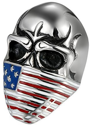 Flongo Herren-Ring Herrenring, Edelstahl Ring Edelstahlring Bandring Silber Totenkopf Schädel Kopf USA Amerikanische Flagge Herrenringe Siegel Motorradfahrer Biker Punk für Herren Männer 57mm