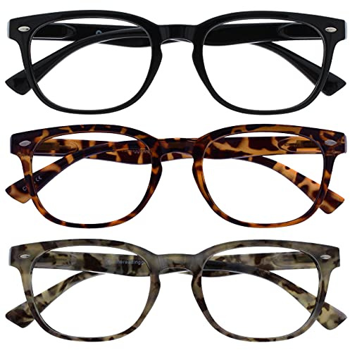 OPULIZE ORA Reading Glasses for Men Women - 3 Pack - Designer Style Rounded Frame - Scratch Resistant Lens - Spring Hinges - Black, Brown & Grey Tortoiseshell +1.50