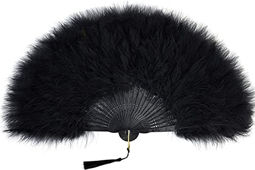 BABEYOND Marabou Feather Fan 20s Vintage Folding Fan Flapper Hand Fan for Costume Dancing Show Tea Party Wedding Decoration (Black-Black Rib)