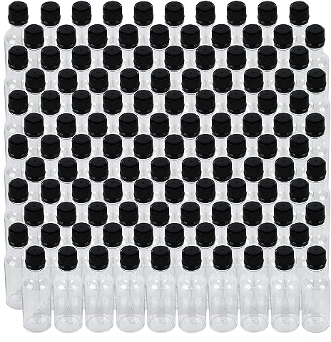PELLAH GOODS 50 ml (1.7 Oz.) Premium Quality Round PET clear small plastic bottle with temper evident caps, Food Grade Made In USA (Black caps - 120 Bottles)