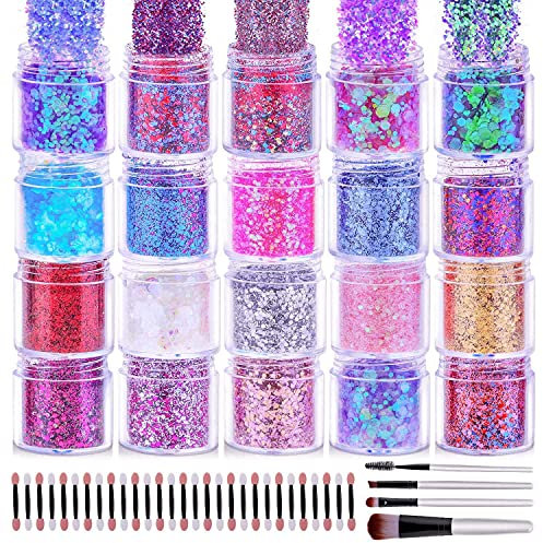 200g Festival Glitter, Cridoz 20 Colors Eye Face Hair Glitter for Body Chunky Craft Glitter Makeup Cosmetic Face Painting Nails Art