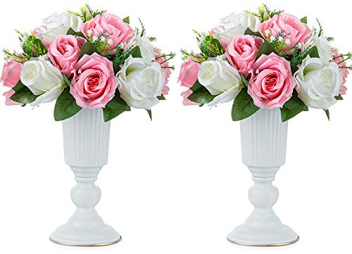 NUPTIO 2 Stück Geblümte Metalltrompetenvase Elegante Hochzeit Mittelstücke Vase für Hochzeitsfeier Dekoration, 23.2cm Hoch Künstliche Blumenarrangements für Jubiläumsfeier, Weiß