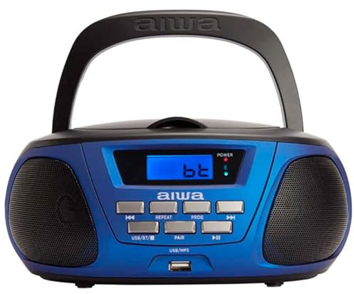 Aiwa BBTU-300BL Reproductor de CD Portátil, Radio CD (Radio FM, tecnología Hyperbass, Entrada de Audio, Bluetooth, USB). Edición para niños y niñas. Color: Azul