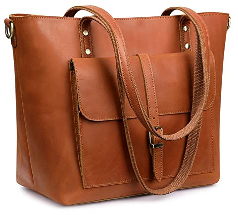 S-ZONE Damen Schultertasche Vintage Echtes Leder Groß Shopper Handtasche Henkeltasche Laptoptasche Arbeit Schule Einkaufen Reise