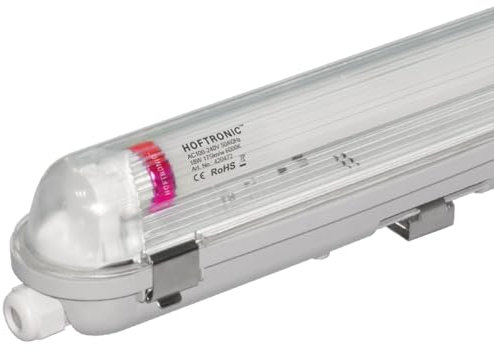 HOFTRONIC - LED-Feuchtraumleuchte 120 cm 6000K Kaltweiß 18W 3150lm 175lm/W Flimmerfrei verlinkbar Wannenleuchte T8 Werkstattlampe IP65 Wasserfest Leuchte für Garage Keller Bad Büro Warenhaus