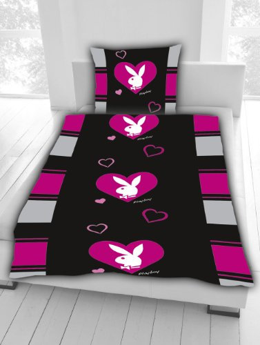 Tex idea Playboy Bettwäsche glatt Playboy Bunny Herzen Liebe Partner 100 % Baumwolle Reißverschluss NEU Wow - All-In-One-Outlet-24 - (155 x 220 cm)