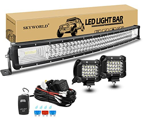 Zusatzscheinwerfer, SKYWORLD 32 Zoll 40500LM Gebogen LED Arbeitsscheinwerfer Offroad Beleuchtung mit 12V kabelbaum kit, 2 x 4 Zoll 6000LM Rückfahrscheinwerfer Auto SUV LKW KFZ 4x4 Fahrzeuge