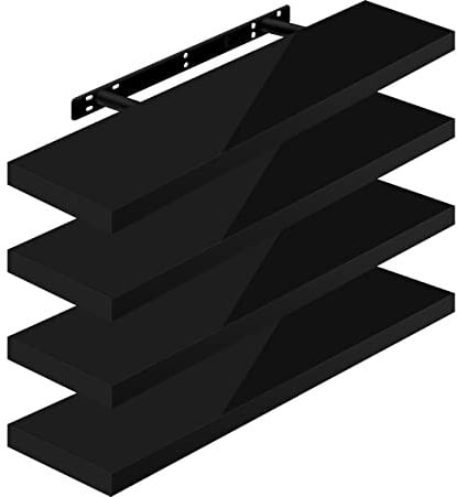 WOLTU 4 Pcs High Gloss Floating Shelves, 80cm Black Wall Storage Shelf | MDF Wooden Shelving Boards, Hanging Strong Bracket Showcase for Living Room, Bedroom, Kitchen, Bathroom, Hallway