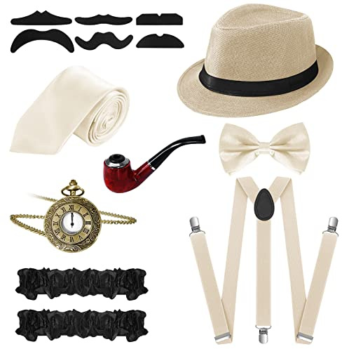 FEOYA Herren Accessoires Set 1920's Style Herren Kostüm Gatsby 8 Stück Set Manhattan Hut Y Strap Fliege