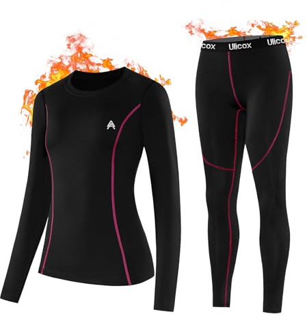 Ulicox Ensemble de sous-Vêtements Thermiques Femme Fonctionnel Ensemble sous Vetement Ski Hiver Respirant Haut & Bas Maillot de Corps Manches Longues & Pantalon Chaud Rose 38