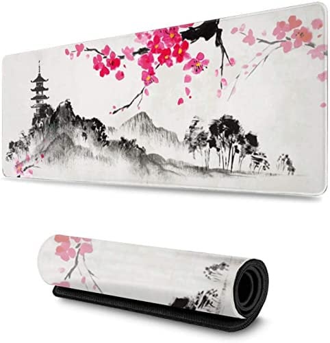 Watercolor Japanese Hills Cherry Blossom Pretty Large Mouse Pad For Desk Gaming Mouse Pad XL,Extended Mouse Pad Desk Pad 31.5x11.8x0.12IN,Stitched Edges Non Slip Mousepad,Tastatur and Laptop