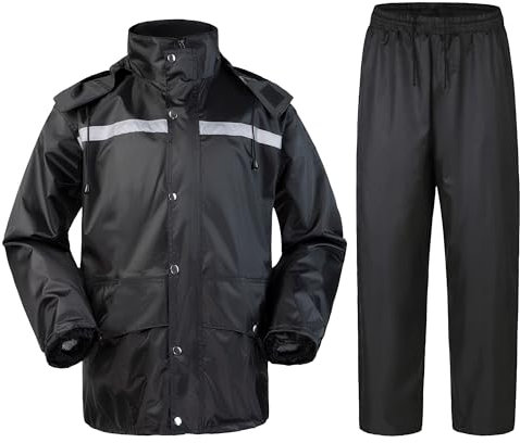 Oralidera Homme Combinaisons de Pluie Moto Manteaux Imperméables Pantalon de Pluie et Veste Coupe-Vent Combinaison imperméable à Capuche, Noir, L