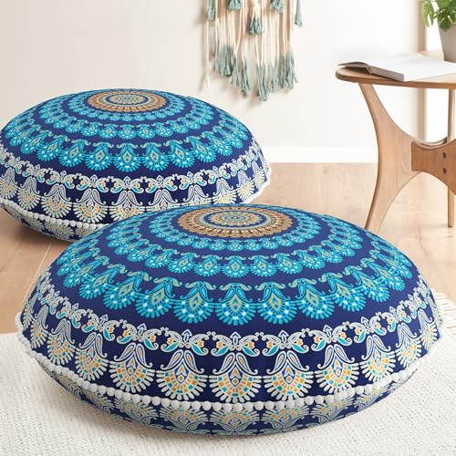 Codi Meditation Bodenkissen 2er Set, Runde Große Kissen Sitzgelegenheit für Erwachsene, Bohemian Mandala Kreiskissen für Outdoor Kamin Yoga Wohnzimmer, 32 Zoll, Memory Foam Added, Navy