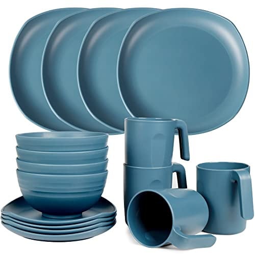 Greentainer Juego de vajilla de polipropileno, ligero e irrompible, 16 piezas para niños y adultos, vajilla combinada con 4 platos llanos, 4 platos de postre, 4 cuencos, 4 tazas para 4 personas