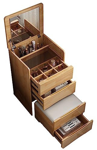 Schminktisch mit Schubladen und Spiegel Licht, Vanity Desk mit Flip-Top-Typ Spiegel, kleine Make-up Vanity mit 3 Schubladen und Lagerung Hocker, Holz Vanity Tisch Set Nachttisch