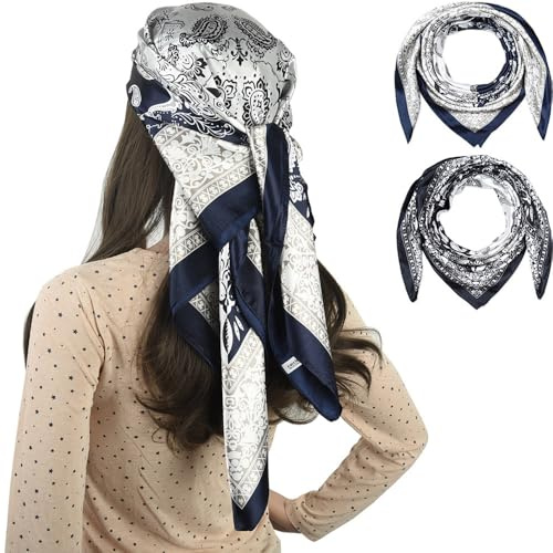 corciova 2 Pcs 35 x 35 Square Curly Hair Scarf for Black Women Silk Headband Tie Sleeping at Night Fashion Bandanas Headscarf, Paisley ( Navy + Black ), Large