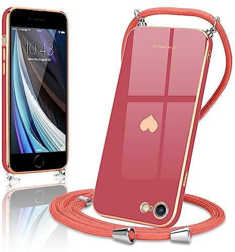 Wirvyuer Handyband Kompatibel mit iPhone SE 2022 Hülle, iPhone 7,iPhone 8,iPhone SE2020 Handyhülle mit Band zum Umhängen Kameraschutz Liebesherz Silikon Hülle für iPhone 7/8/SE2020/SE2022 Rot