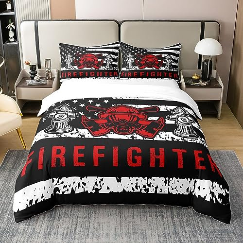 richhome 100% Natur Baumwolle Feuerwehr Kampf Bettbezug 135x200,Feuerwehr Feuerwehr Hydrant Helm Muster Tröster Bezug, Retro amerikanische Flagge Schwarz Weiß Geometrie Sterne Streifen Bettwäsche