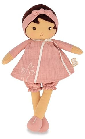 KALOO - Tendresse - Meine Erste Stoffpuppe Amandine - 40 cm Große Puppe - Musselinkleid - Dunkler Teint - Personalisierbares Band - Ab Geburt, K200014