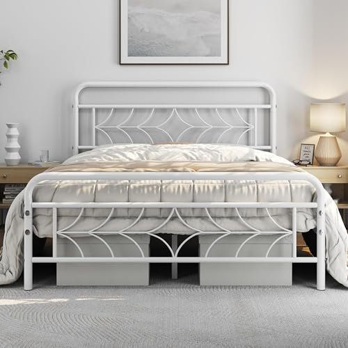 Yaheetech 4ft6 Double Bed Frame Metal Platform Bed with Storage/Sparkling Star-Inspired Design Headboard/Solid Slatted Bed Base/No Box Spring Needed White