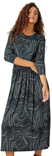 Roman Originals Midi Dress with Pockets for Women UK Ladies Stretchy Jersey Maxi Long 3/4 Length Sleeve Gathered High Waist Boho Flattering Skater Swing Fit Flare - Black & Green - Size 12