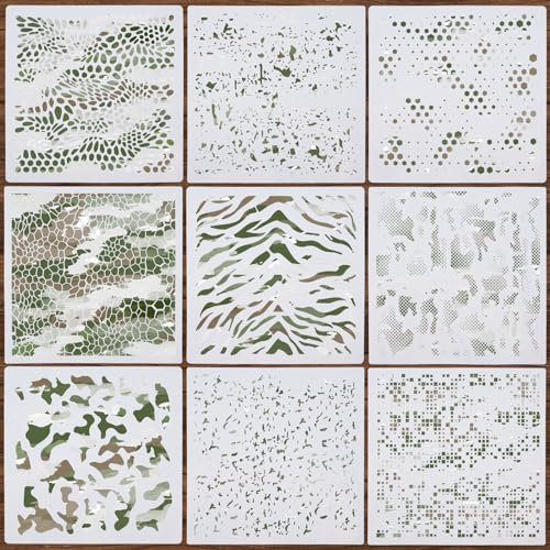 9-Stücke Camo Schablonen für Sprühfarbe, wiederverwendbare Vorlagen, Camouflage Muster Camo Farbe Schablonen für Boot DIY Handwerk (30 * 30cm Camo)