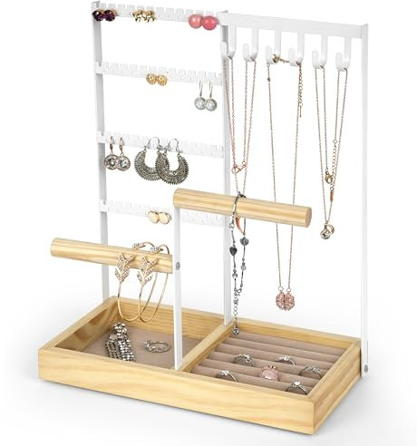 Winter Shore Porte Bijoux 4 Niveaux - 48 Trous Boucles d'Oreilles, 6 Crochets Colliers - Presentoir Bijoux pour Boucles, Bagues, Montres & Bracelets - Portant Bijoux Élégant en Métal Blanc & Bois
