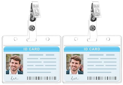 Amaxiu Lot de 2 porte badges transparents avec clips, en métal pour badges cartes de crédit protection étanche étui transparent pour cartes de visite pour infirmières bureau école (horizontal)
