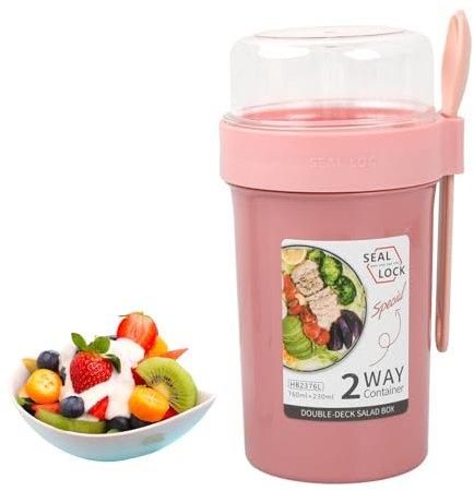 2-in-1 Müslibecher to go, 760ml + 230ml praktischer Joghurtbecher fürs Picknick, Auslaufsicherer Joghurt Becher, Joghurtbecher to go mit Löffel, Salatbecher, Müslischale (Rosa)