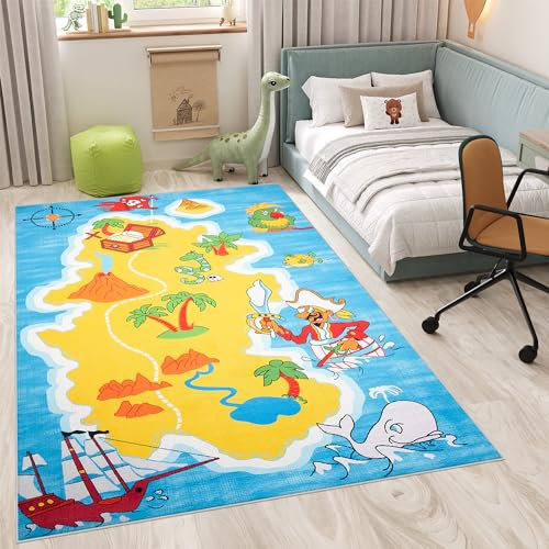 TAPISO Flannel Teppich rutschfest Gelb Blau Bunt Kurzflor Anti Rutsch Waschbar Pirateninsel Kinderteppich Kinderzimmer Spielteppich ÖKOTEX 200 x 300 cm