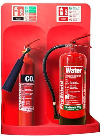 Double Red Fire Extinguisher Stand Complete w/ 2kg Co2 Fire Extinguisher, 6ltr ECO Water Fire Extinguisher & Matching Signs - FireShield