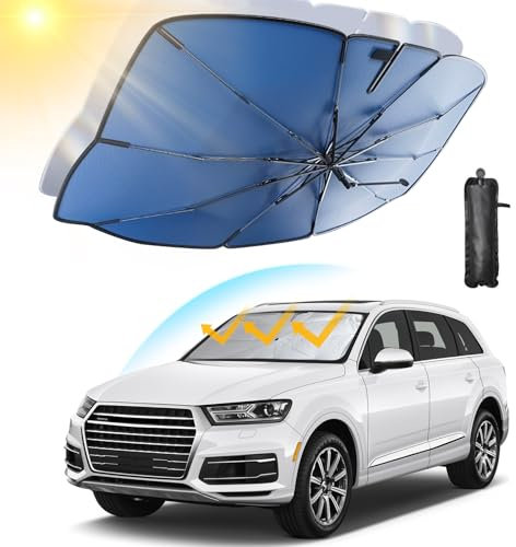 Parasol Coche Delantero, Bloquea de Los Rayos UV Parasol Coche, 360°Paraguas de Parasol, FáCil De Guarda Parasol Delantero Coche, Fácil de Instalar Parasol Coche Delantero Plegable (120cm x 65cm)