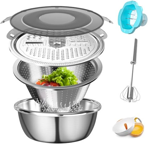 Bakpoco Lavabo multifuncional de acero inoxidable con tapa hermética, 4.2 cuartos de galón, escurridor de ensalada, escurridor de queso, rallador, colador de cestas, batidor de huevos semiautomático y