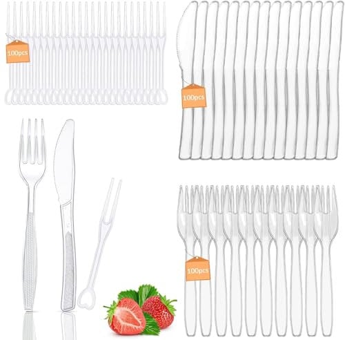 Heavy Duty Reusable Clear Plastic Cutlery Set, 300 PCS Clear Reusable Cutlery Set, 100 Fork 100 Knives 100 Fruit Fork Reusable Clear Cutlery Perfect for Tableware Parties and Dinnerware(Transparent)
