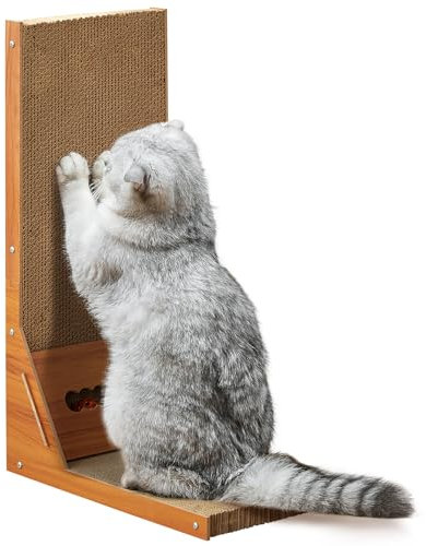 The Fellie L-Förmiges Kratzbrett Für Katzen, Katzenkratzbrett Mit Katzenspielzeug Glockenball, 60CM Hoch Katzenkratzbrett Aus Hochwertigem Karton, Widerstandsfähig, Geeignet Für Wände, Ecken Und Sofas