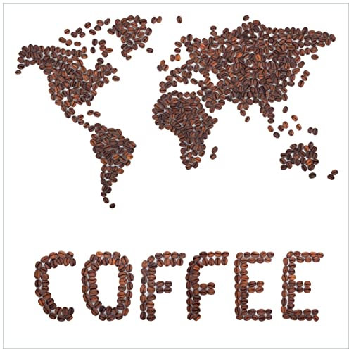 Wallario Glasbild Weltkarte mit Schriftzug aus Kaffeebohnen - 55 x 55 cm Wandbilder Glas in Premium-Qualität: Brillante Farben, freischwebende Optik