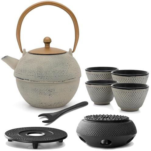 Gusseisen Teekanne Set Induktion1.2 Liter - graue Gusskanne asiatisch & Edelstahl-Filter für losen Tee & 4 Tee-Becher & Stövchen & Untersetzer & Deckelheber