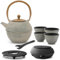Gusseisen Teekanne Set Induktion1.2 Liter - graue Gusskanne asiatisch & Edelstahl-Filter für losen Tee & 4 Tee-Becher & Stövchen & Untersetzer & Deckelheber