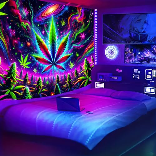 BlissYard UV-reaktiver Hintergrund Schwarzlicht-Wandteppich, Cannabisblatt, UV-Hintergrund, 152,4 x 203,2 cm, Dekorationen, Fotografie, Hintergrund, Fotoshooting, Requisiten, Wandbehang für