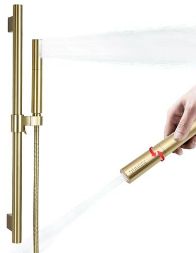 Pommeau de douche à main haute pression avec barre coulissante, kit de barre de douche réglable de 55,4 cm, 2 fonctions pluie et jet pulvérisé, tuyau en acier inoxydable de 150 cm, or brossé